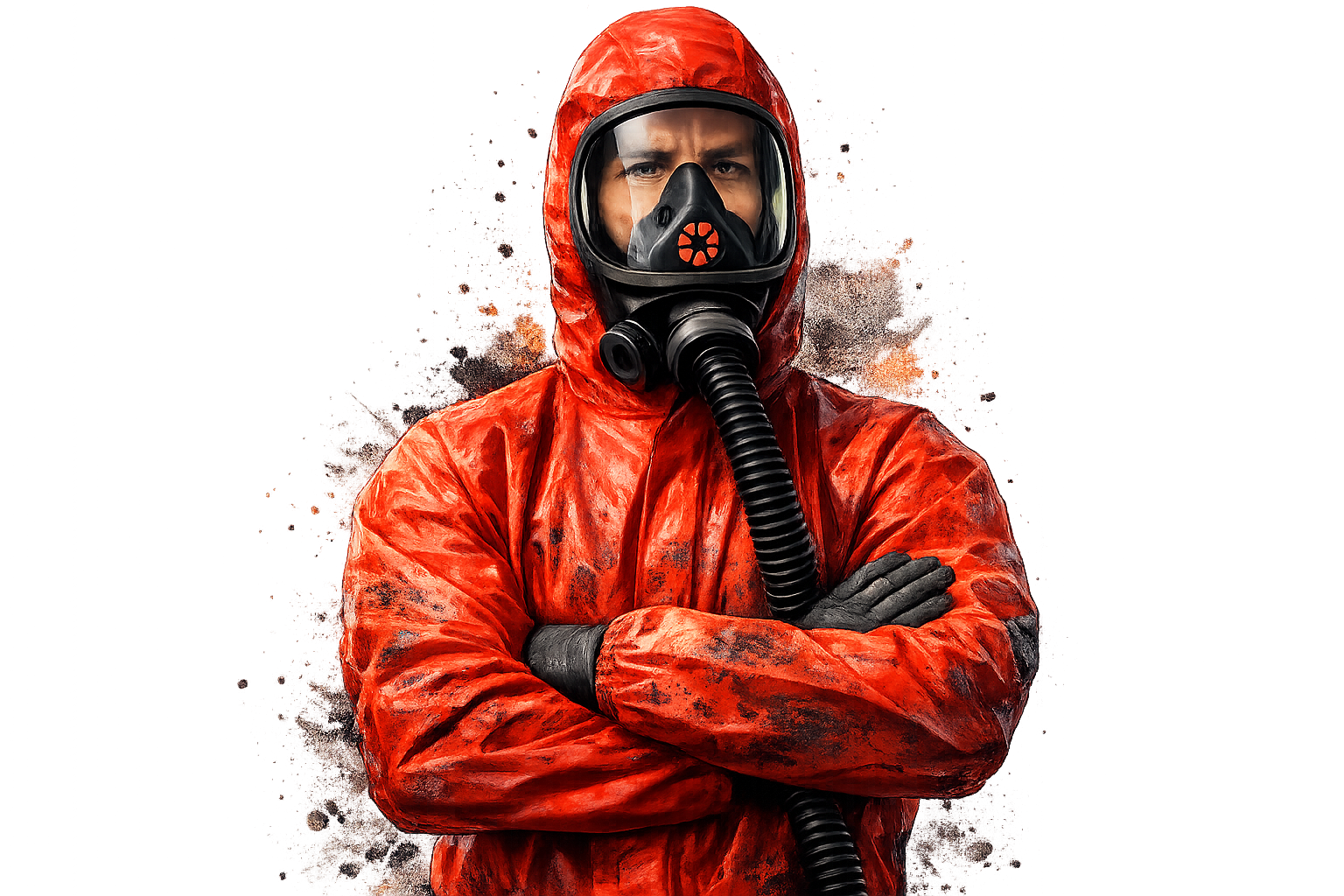 Operative in protective suit and respirator